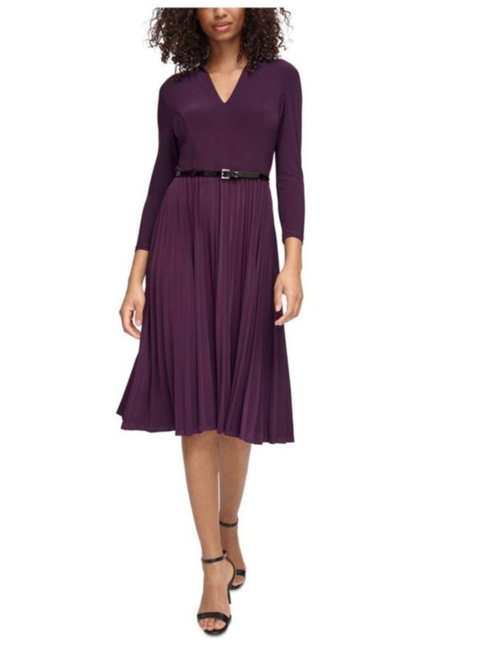 Tommy Hilfiger V-Neck Pleated Midi Dress with Belt – Plum